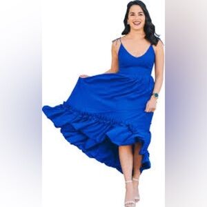 NWT Belle Badgley Mischka Women's Royal Blue Tiered Ruffle Sleeveless Maxi Dress